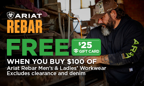 FREE $25 Fleet Farm gift card when you buy $100 of Ariat Rebar Men’s & Ladies’ Workwear. Excludes clearance and denim.