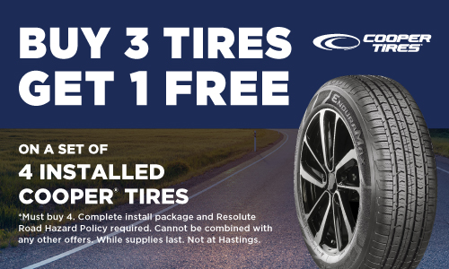 BUY 3 TIRES GET 1 FREE on a set of 4 installed Cooper tires.