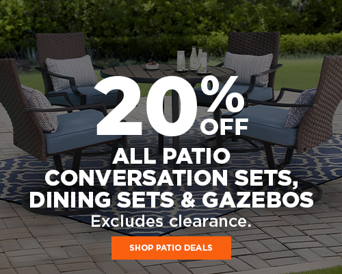 20% Off Patio conversation sets, dining sets and gazebos, excludes clearance, shop patio deals