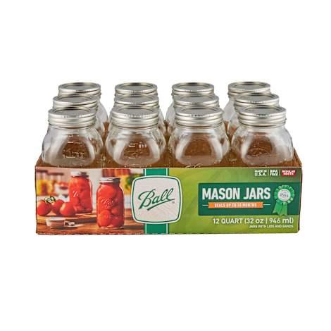 Regular Mouth Glass Quart Canning Jars w/ Lids & Bands - 12 Pk